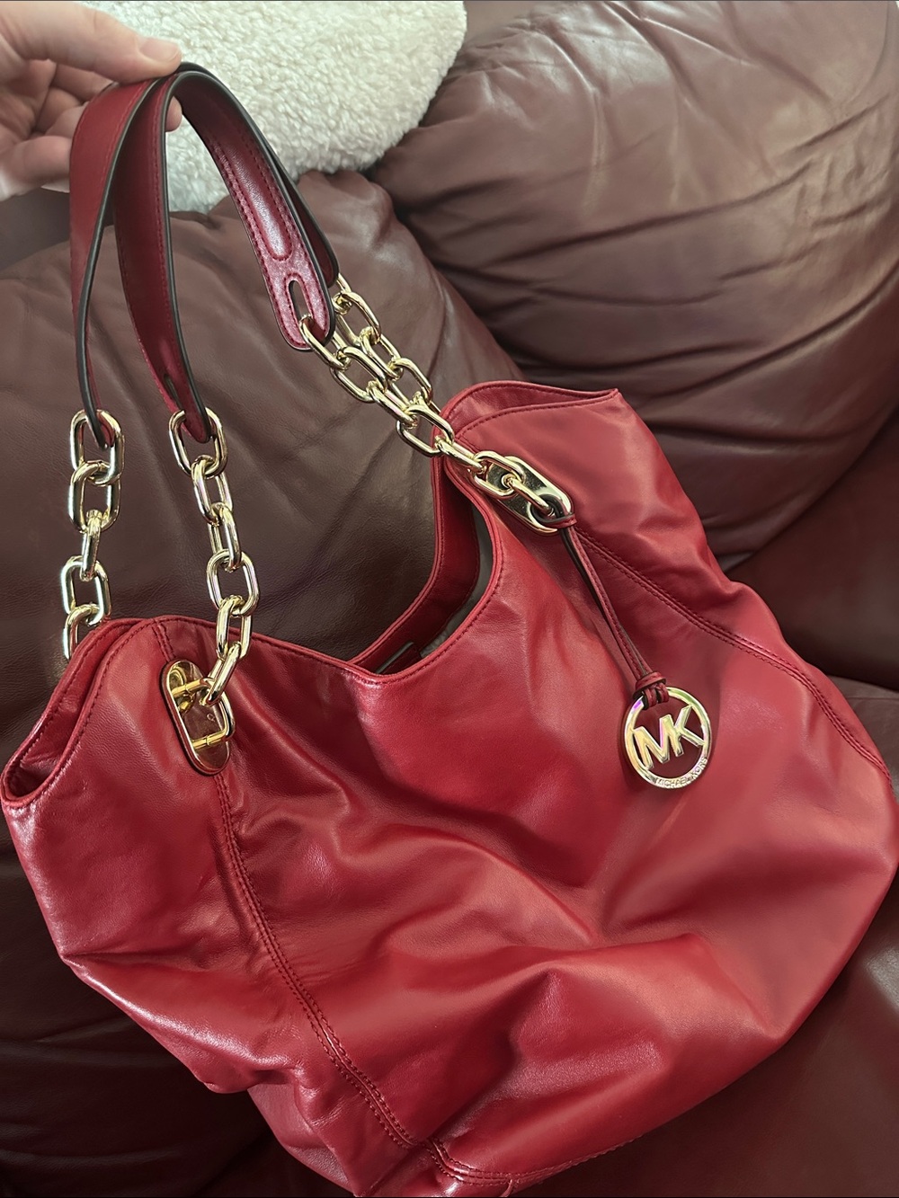 Michael Kors Red Leather Shoulder Bag with Gold Chain Straps
